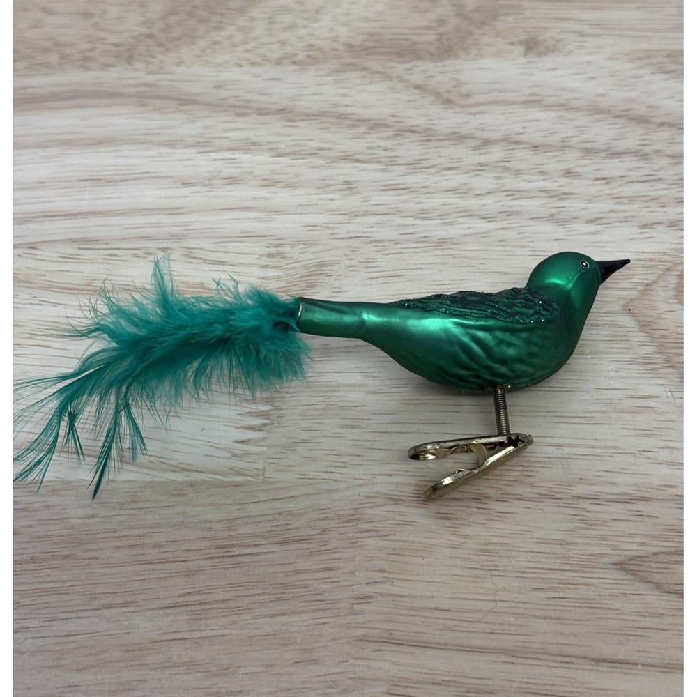 Old World Christmas Brilliant Songbird-Green Glass No Box Feathers Vintage #AA‎